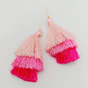 Pink Cotton Tassels in Three Layers, Tassel Charms, Tiered Tassels x 2